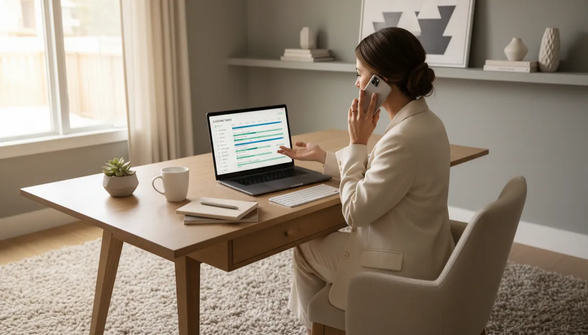 Real estate agent reviewing a home sale timeline and speaking with a client Real estate agent reviewing a home sale timeline and speaking with a client
