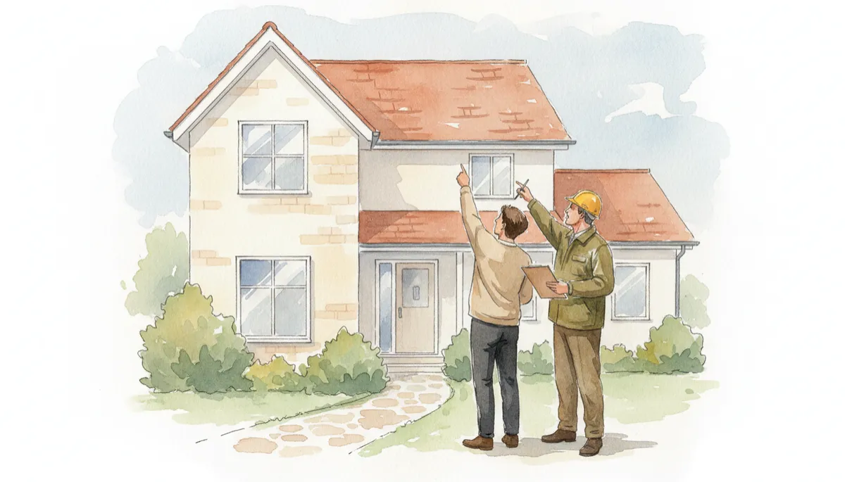 Homeowner reviewing potential repair needs with a contractor outside their home Homeowner reviewing potential repair needs with a contractor outside their home
