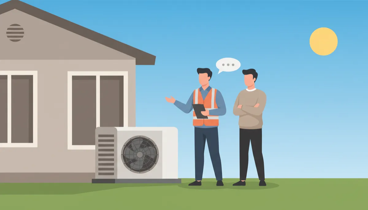HVAC technician reviewing replacement options with a homeowner beside an outdoor unit