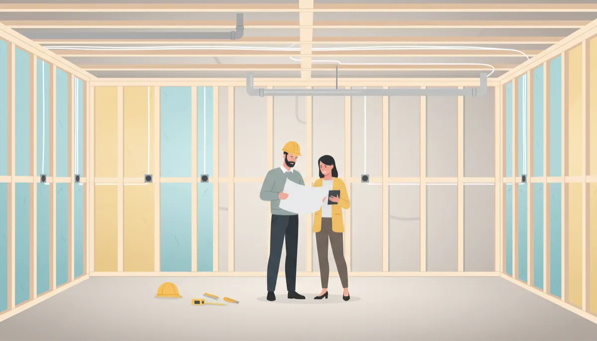 Contractor and homeowner reviewing basement finishing plans in framed space