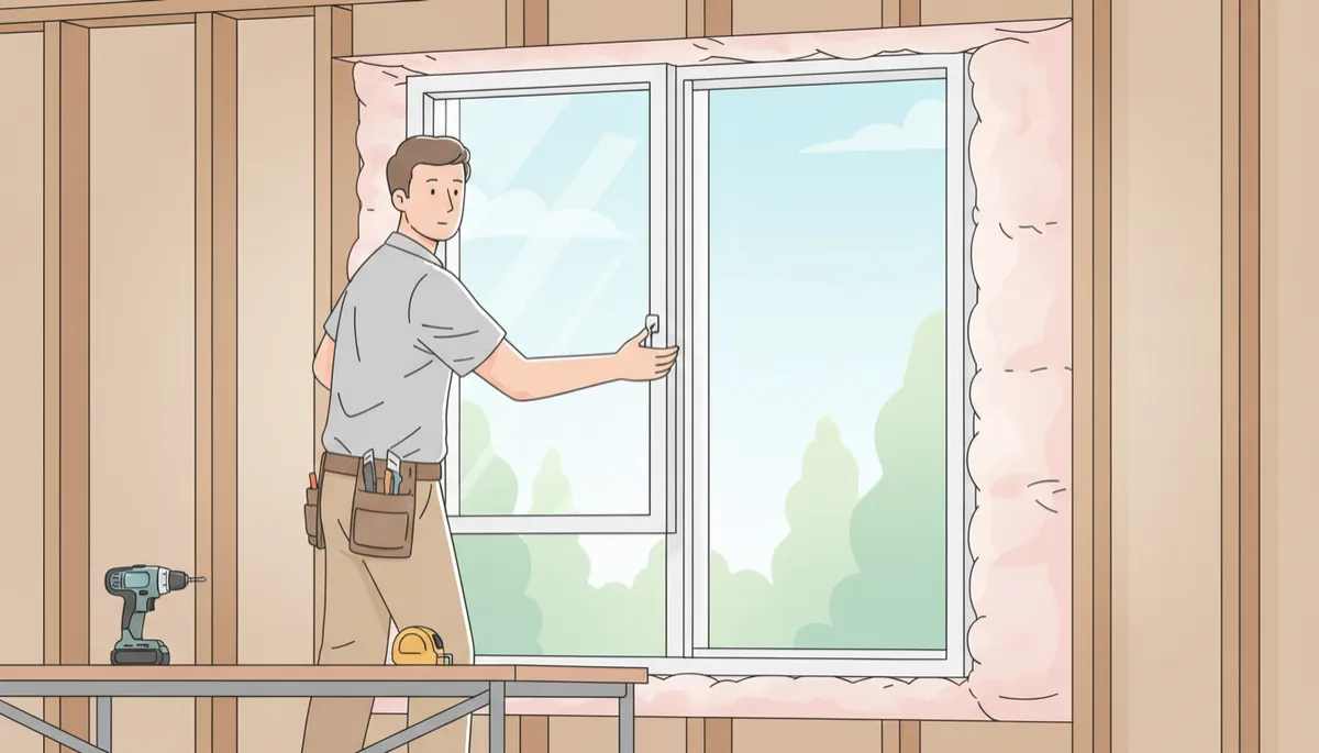 Professional installer fitting a new replacement window in a home Professional installer fitting a new replacement window in a home