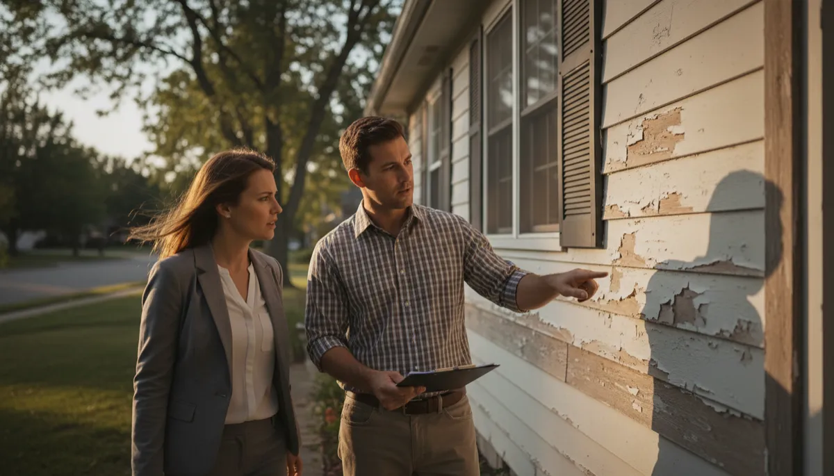 Contractor and homeowner reviewing exterior paint condition and estimate