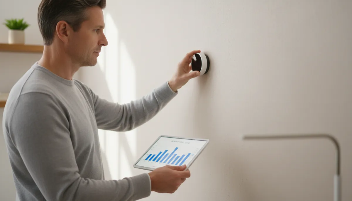 Homeowner managing utility costs using a digital thermostat and tablet