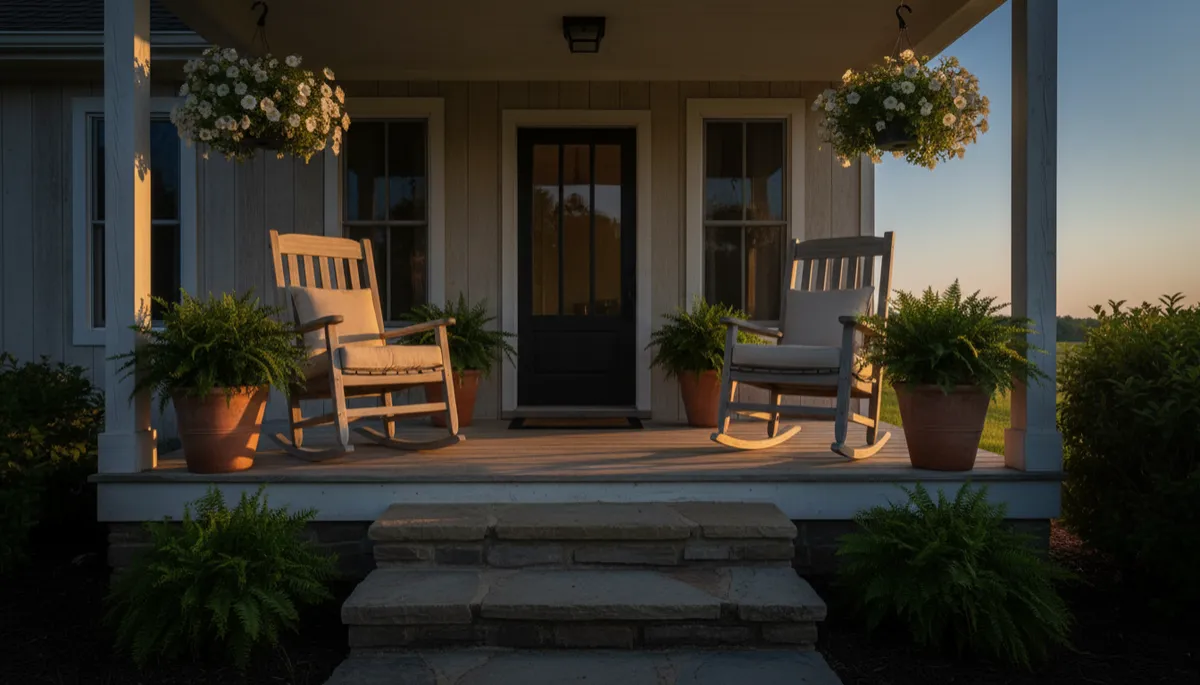 Neatly prepared farmhouse porch ready for real estate showings in a professional style