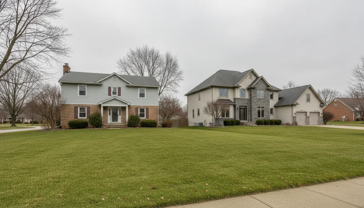 Older Missouri home beside a newer build showing changing neighborhood values Older Missouri home beside a newer build showing changing neighborhood values