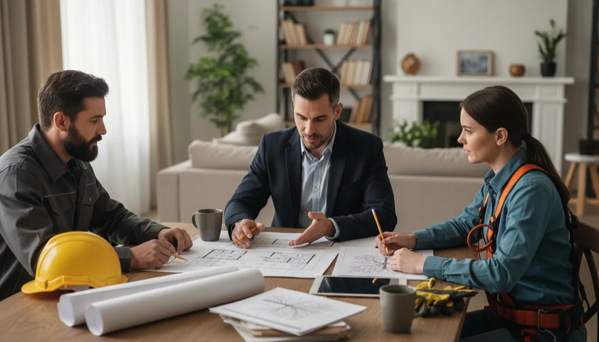 Contractor, arborist, and real estate agent planning repairs after tree damage