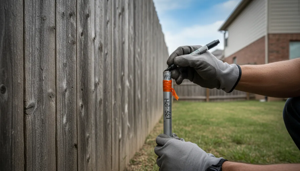 Surveyor marking a property boundary stake next to a backyard fence