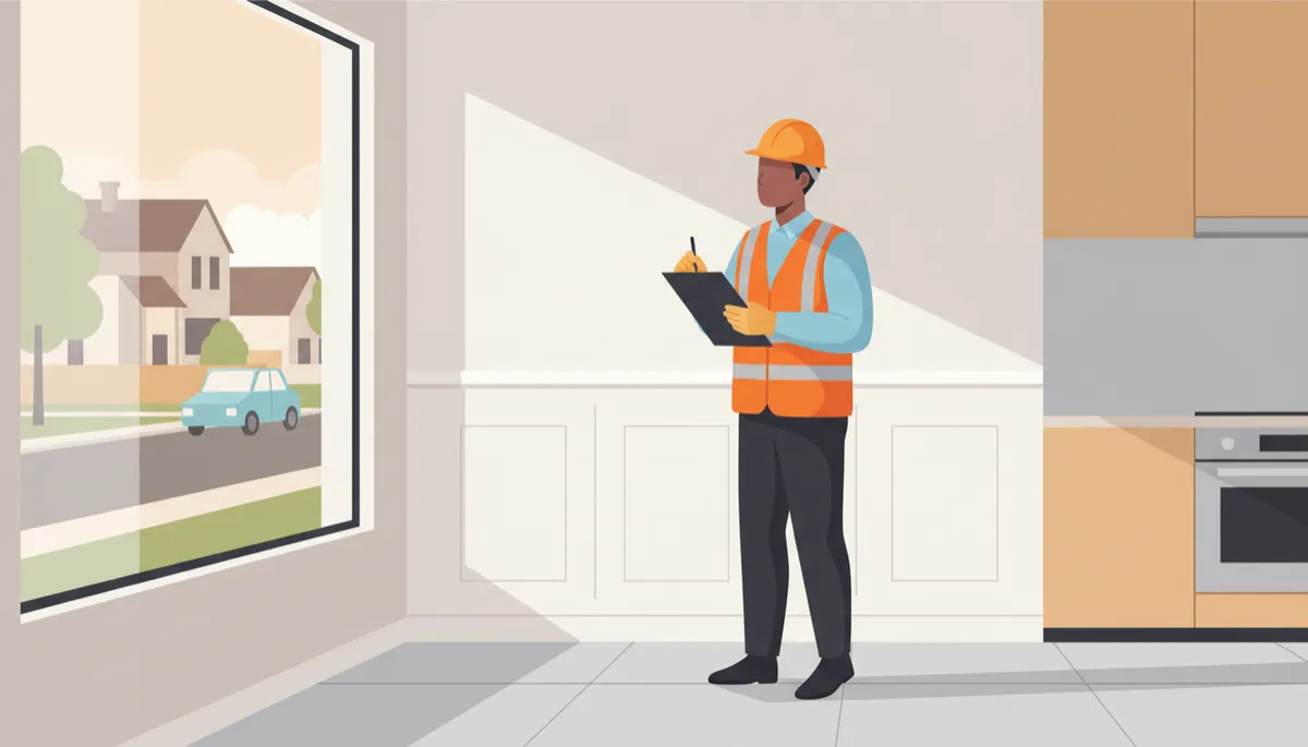 Building inspector reviewing a completed home renovation with checklist Building inspector reviewing a completed home renovation with checklist
