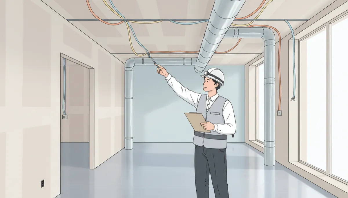 Building inspector reviewing unpermitted renovation work inside a home Building inspector reviewing unpermitted renovation work inside a home