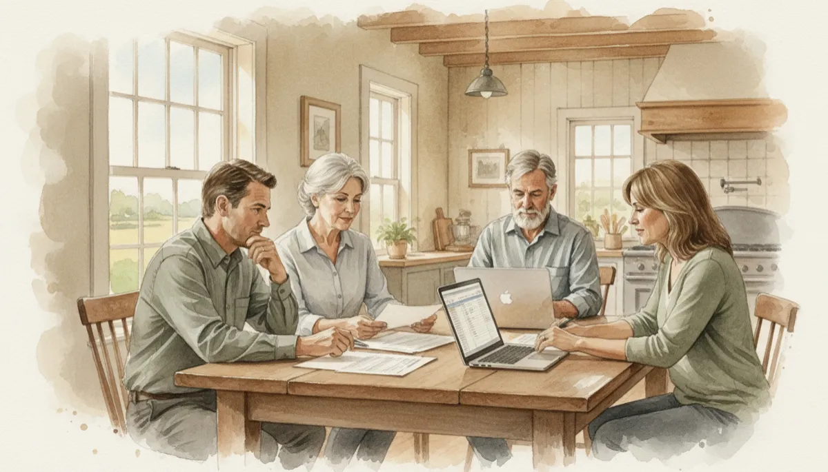 Family reviewing documents with an advisor before deciding whether to sell their farm Family reviewing documents with an advisor before deciding whether to sell their farm