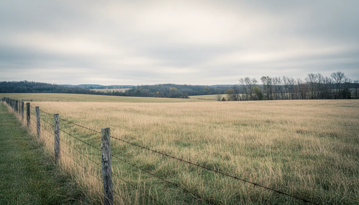 Pasture and fence line on rural Missouri land in soft neutral tones