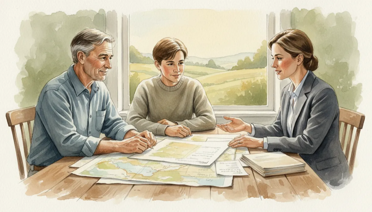 Older farmer and adult child reviewing farm documents with a financial adviser at a table Older farmer and adult child reviewing farm documents with a financial adviser at a table