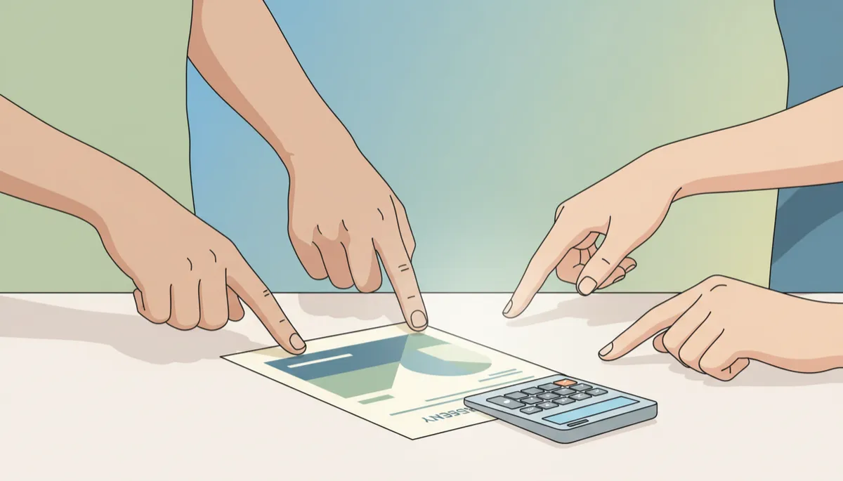 Co-owners reviewing figures and agreeing how to share property sale proceeds Co-owners reviewing figures and agreeing how to share property sale proceeds