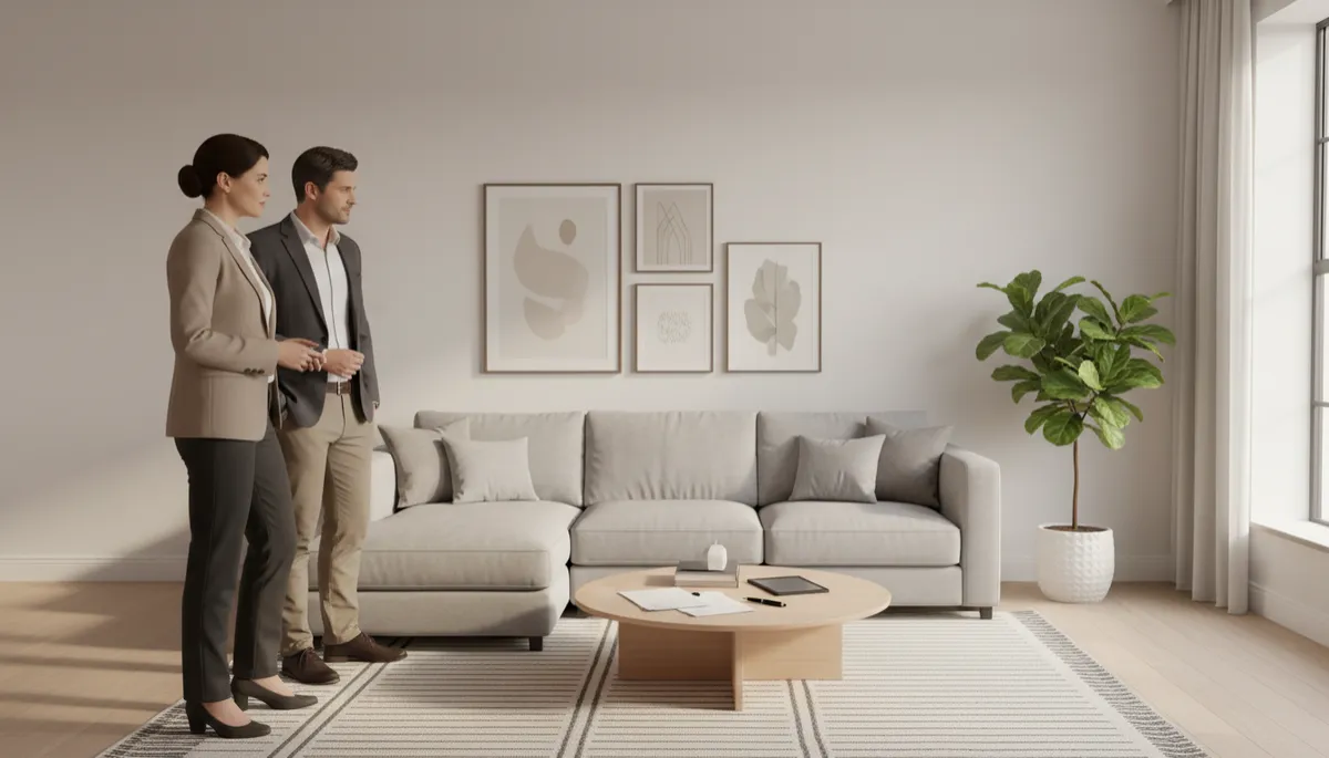 Real estate agent touring an investor through a tenant-occupied, neatly staged living room