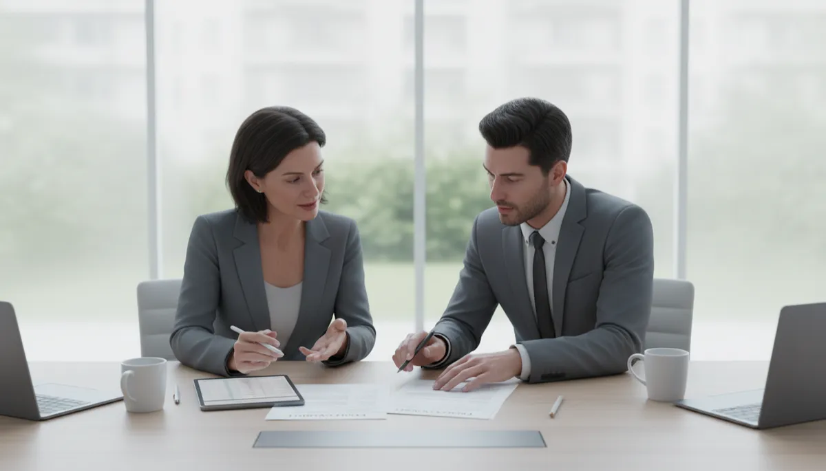 Landlord and legal advisor reviewing rent arrears records and tenancy agreement