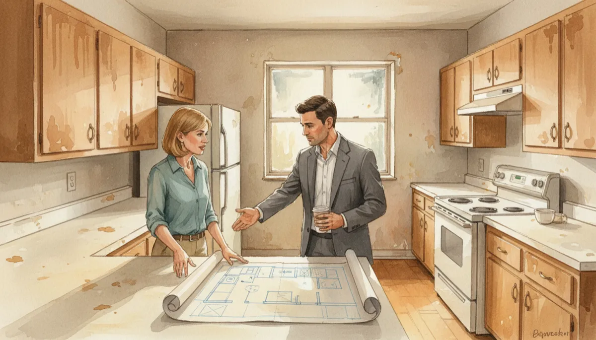 Investor reviewing renovation plans in an outdated rental kitchen