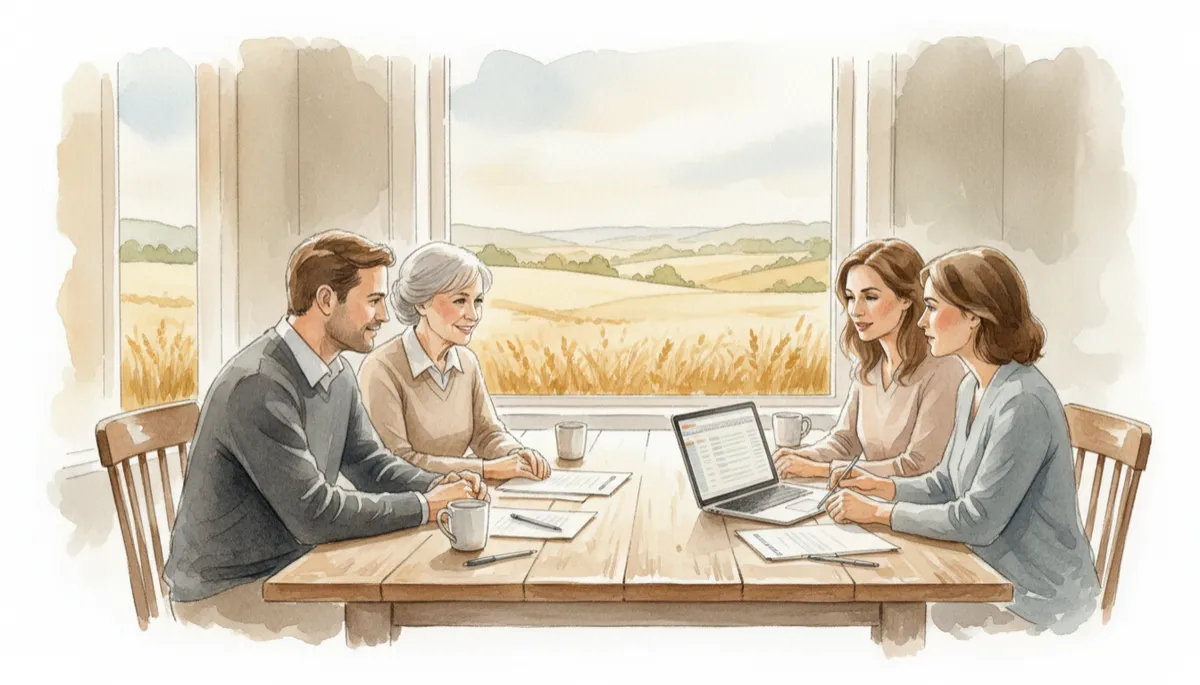 Family reviewing documents with an advisor at the farmhouse table