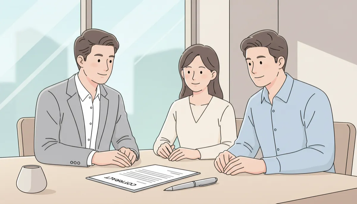Property lawyer reviewing shared ownership sale documents with family clients