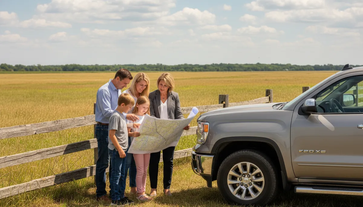 Family discussing options for selling or keeping their rural Missouri land with an agent