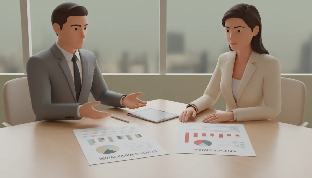 Agent and investor reviewing rental arrears and sale figures Agent and investor reviewing rental arrears and sale figures
