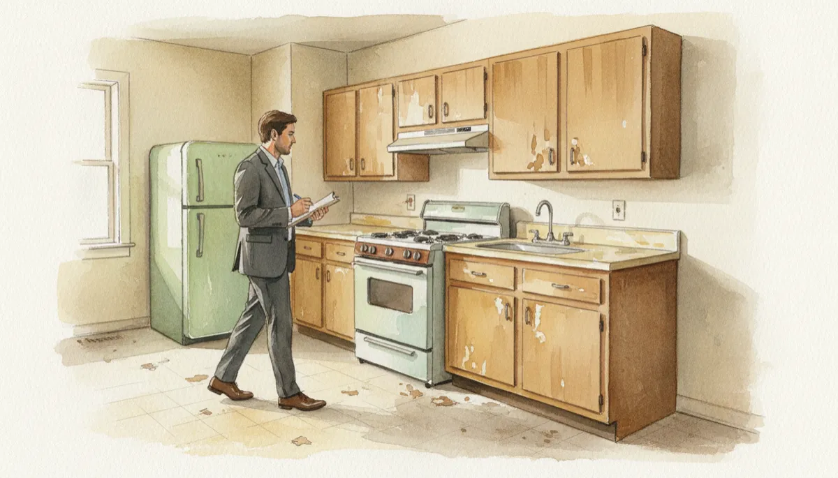 Investor inspecting an outdated rental kitchen before making an offer Investor inspecting an outdated rental kitchen before making an offer