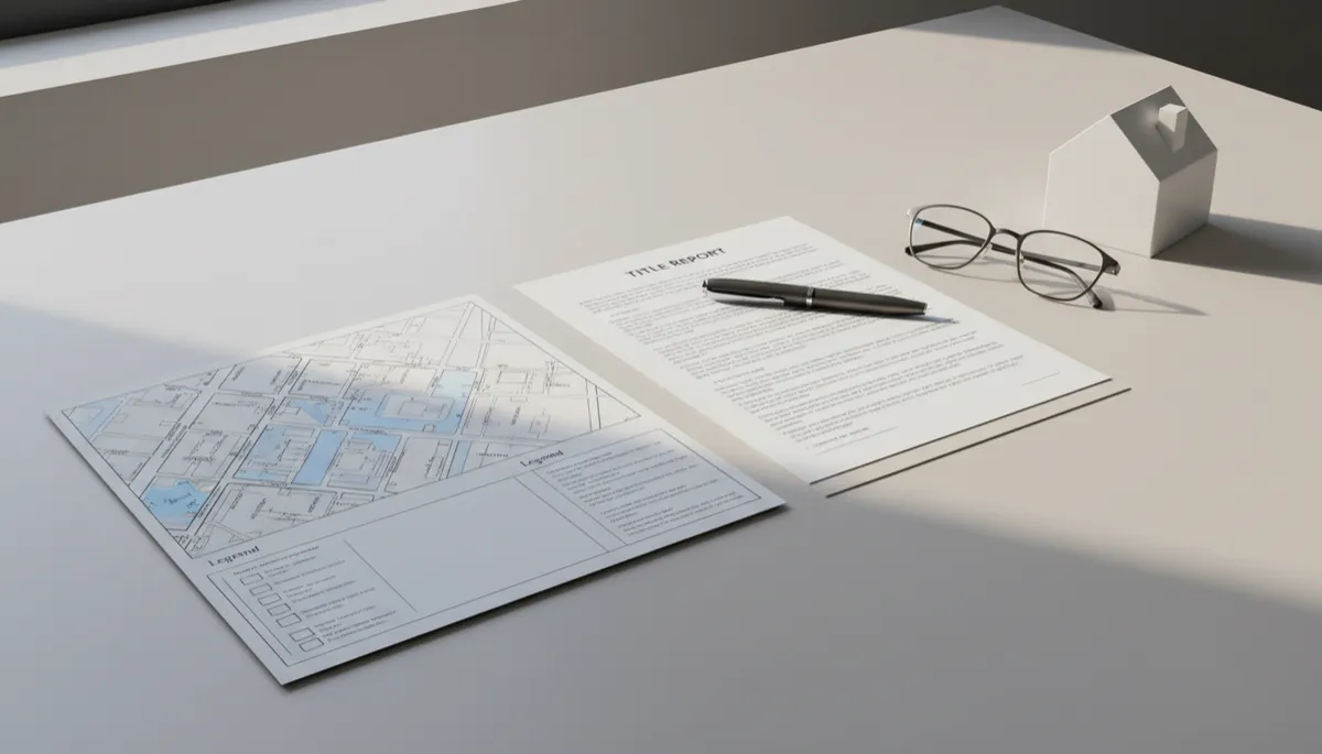 Detailed property survey and title documents on a desk Detailed property survey and title documents on a desk