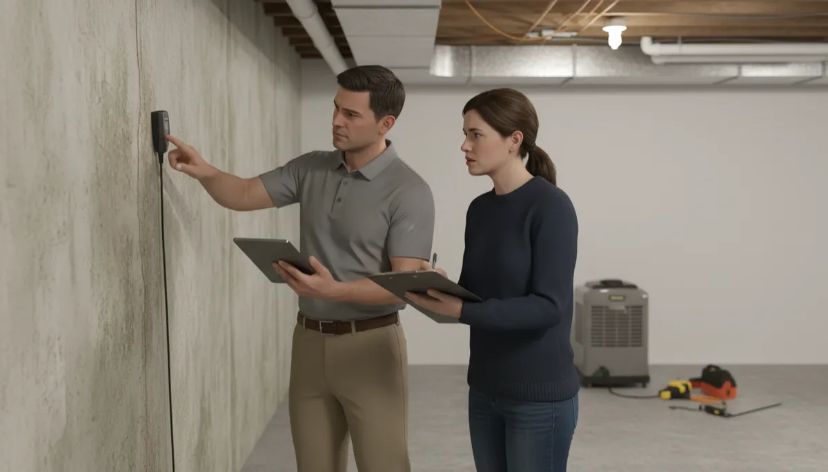 Home inspector reviewing drainage-related moisture issues with a homeowner in the basement