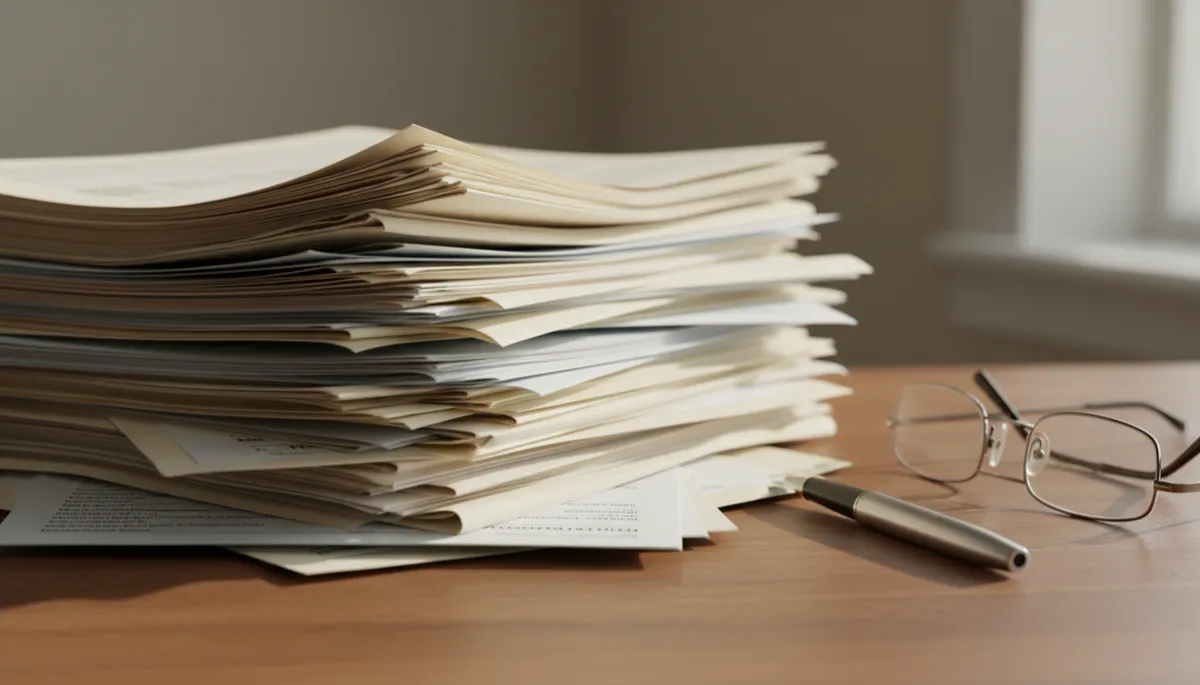 Organized stack of home-related bills and HOA documents on a desk Organized stack of home-related bills and HOA documents on a desk