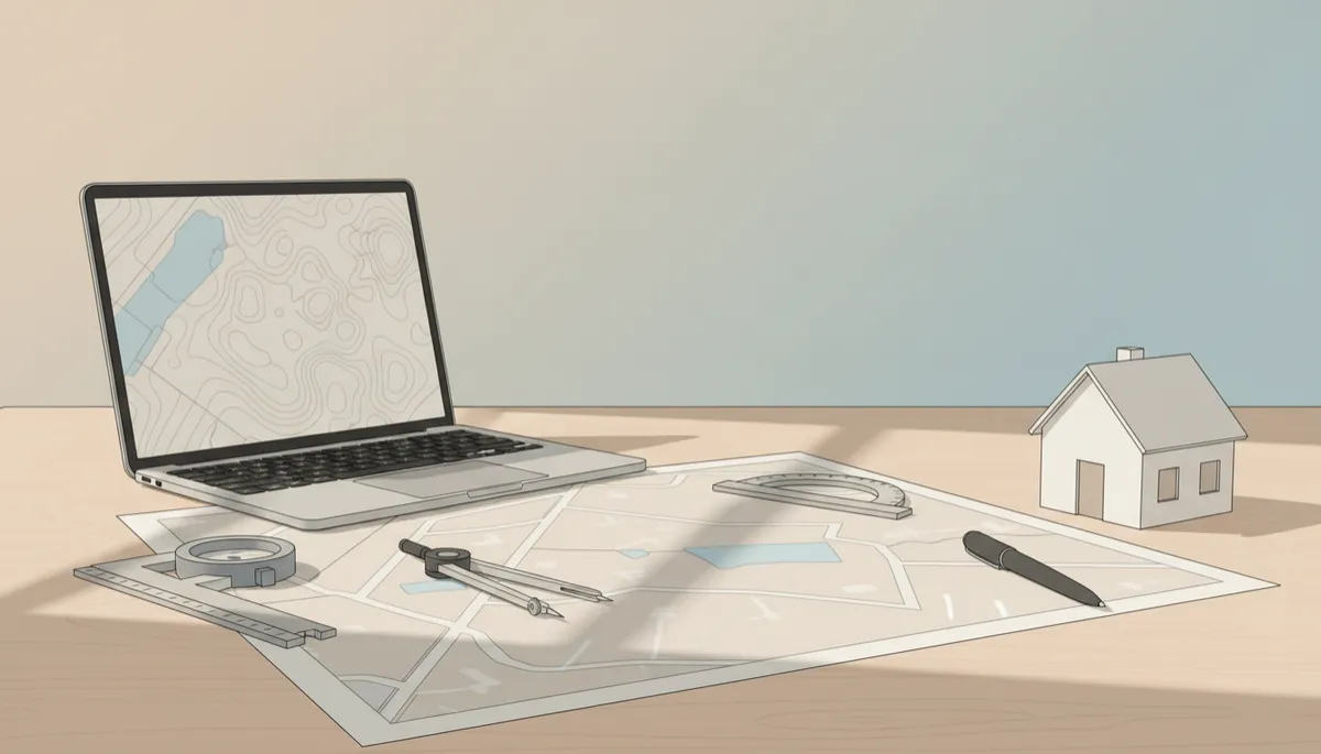 Desk with property boundary map and tools used for land surveys