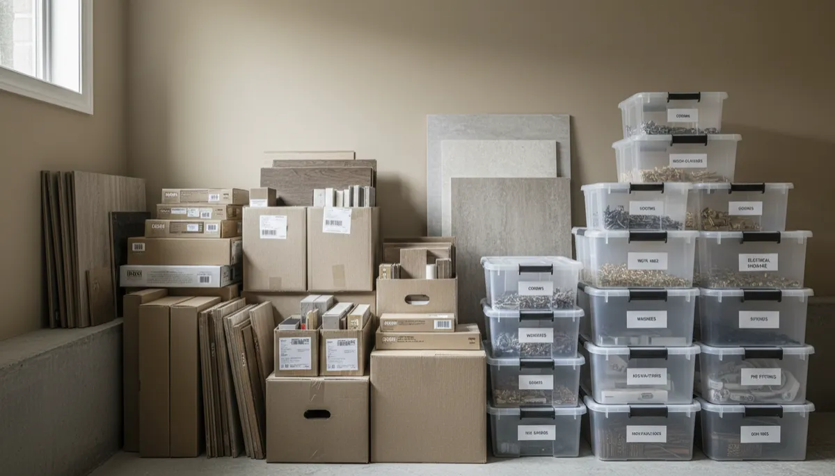 Organized leftover building materials neatly stacked and labeled before closing