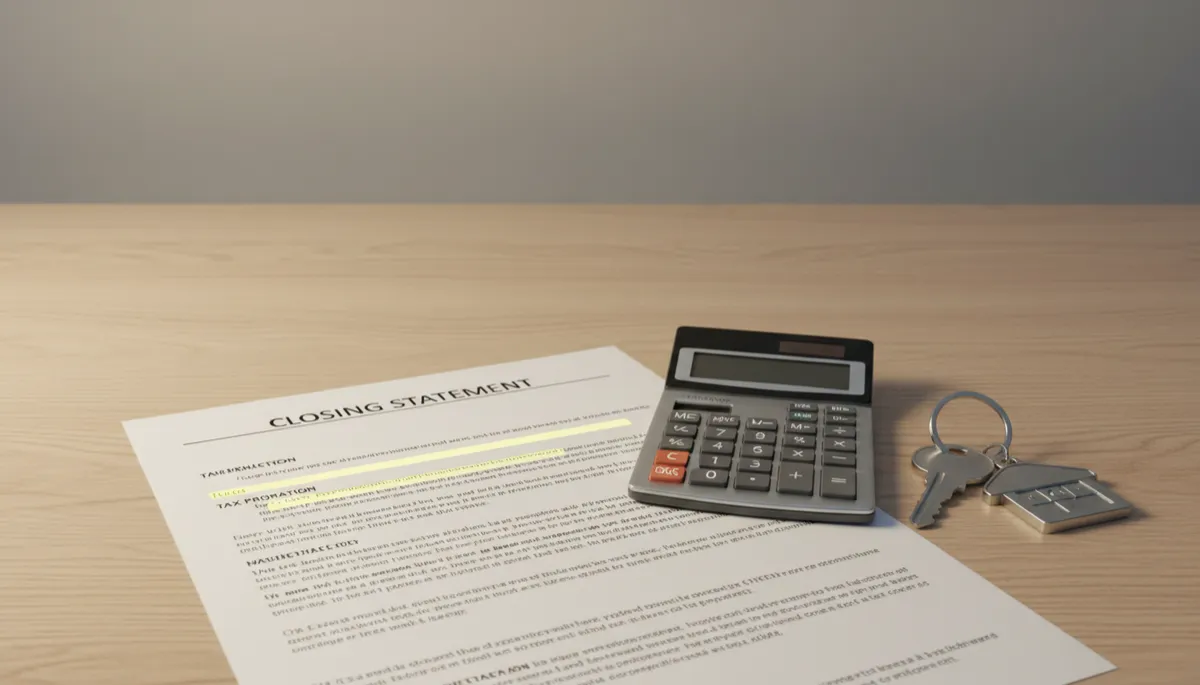 Closing statement showing prorated Missouri property taxes between buyer and seller