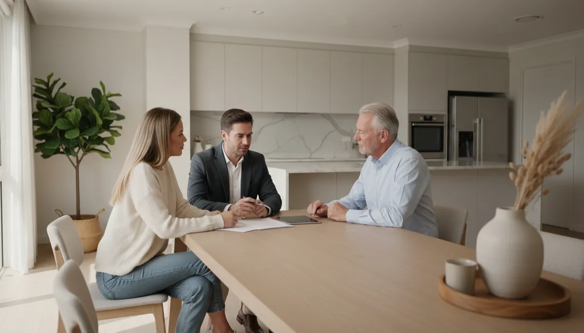 Real estate agent and family member discussing a home sale at the kitchen table