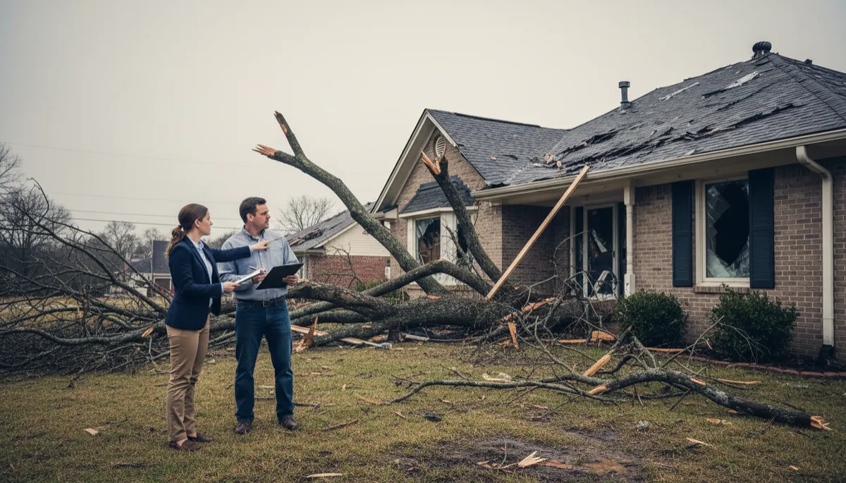 Professional photo of an insurance adjuster reviewing storm damage with a homeowner