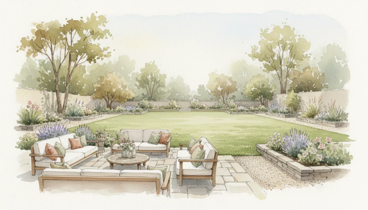 Large backyard divided into inviting outdoor living and play spaces Large backyard divided into inviting outdoor living and play spaces
