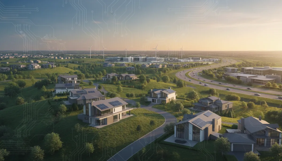 Aerial view of suburban community with new homes under construction
