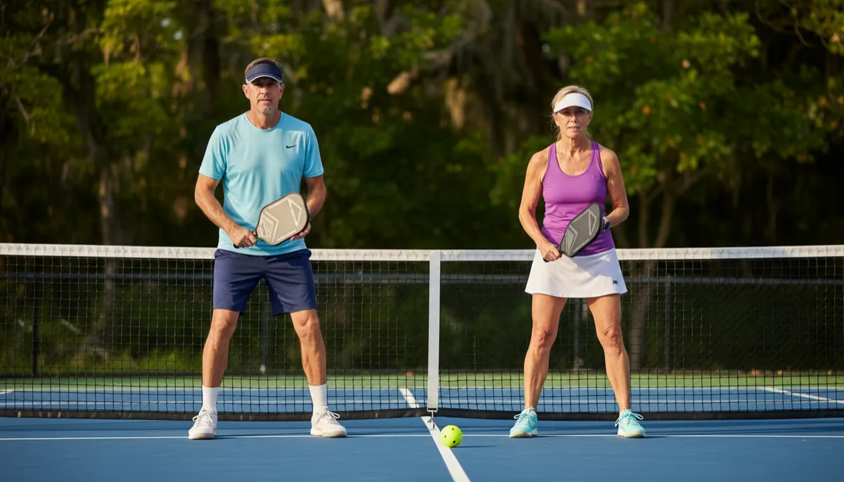 A photorealistic, high-quality image of two adult players on an outdoor pickleball court, preparing for the third shot. Both players are holding modern pickleball paddles instead of tennis rackets, with a bright yellow pickleball visible on the court. The setting is a well-maintained court with clear lines and a net, surrounded by greenery, and the players are dressed in athletic wear. The lighting is natural, creating a vibrant and professional look suitable for a sports blog.