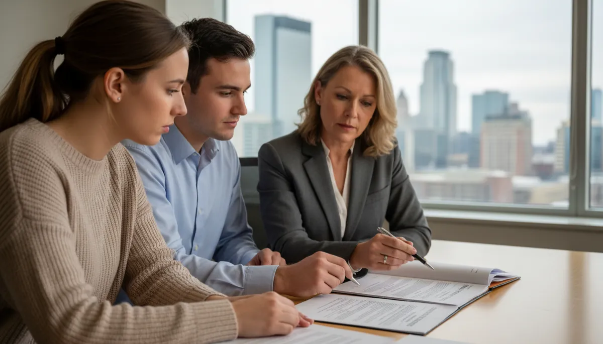 Photorealistic scene of home buyers in Edmonton reviewing closing documents with a professional Photorealistic scene of home buyers in Edmonton reviewing closing documents with a professional