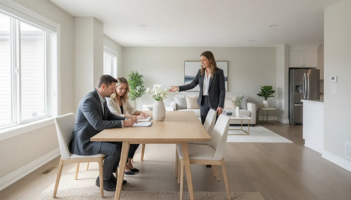 Photorealistic interior of an Edmonton home being prepared for sale with owners and agent Photorealistic interior of an Edmonton home being prepared for sale with owners and agent