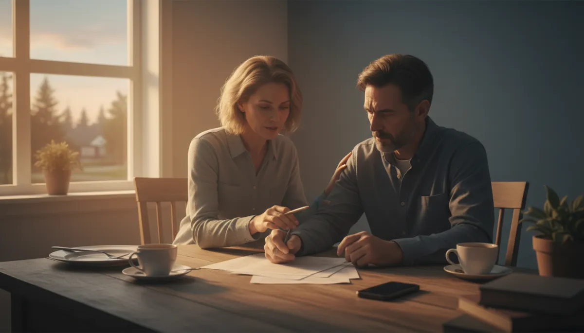 Supportive conversation about the bail process at a kitchen table