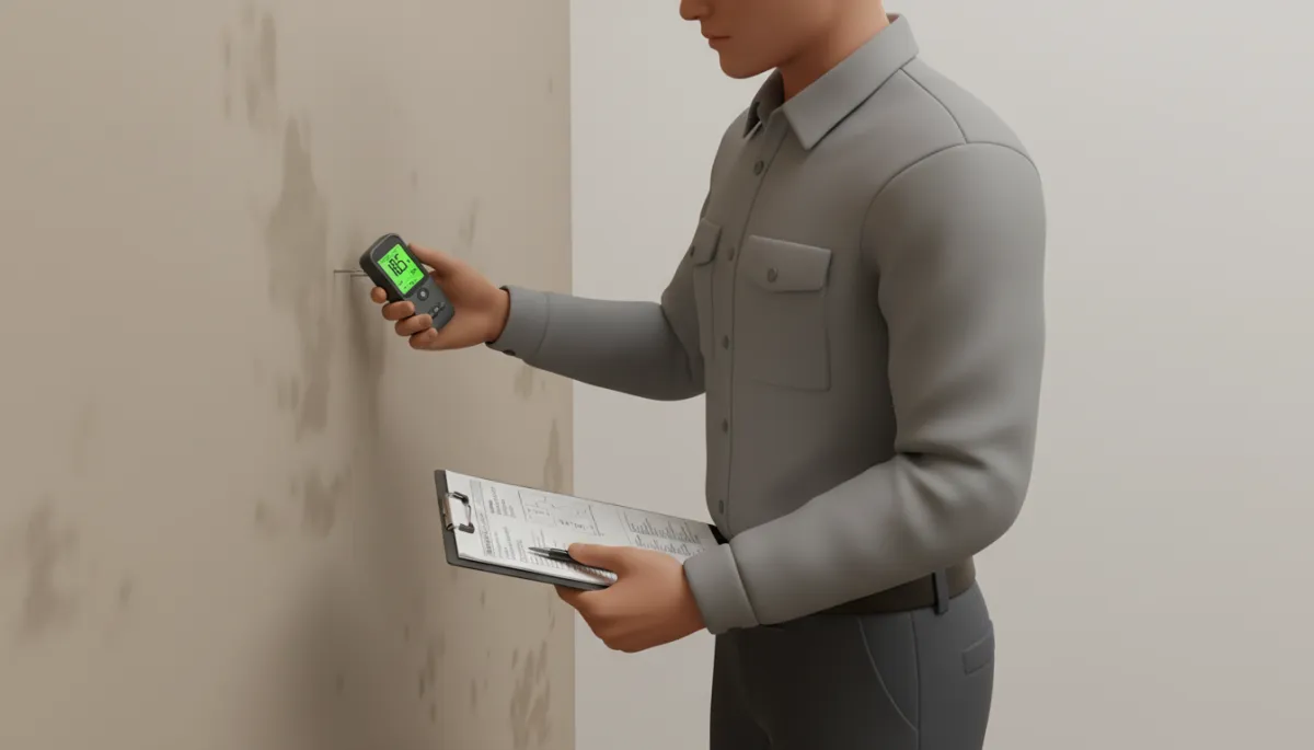Damp specialist using a moisture meter on a rental property wall