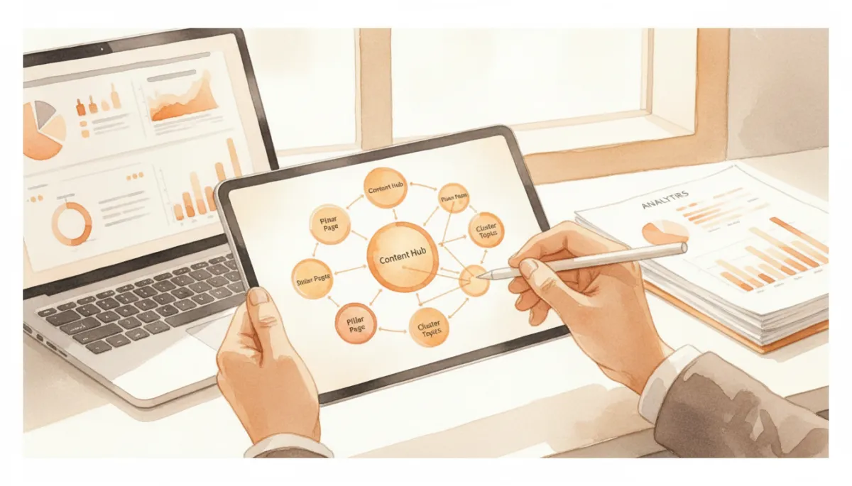 Marketer planning SEO content clusters and authority-building strategy on a tablet