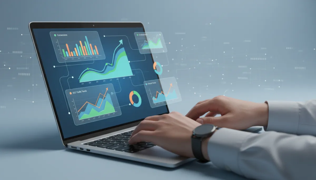 Professional marketer using an AI-powered dashboard for digital advertising and SEO performance