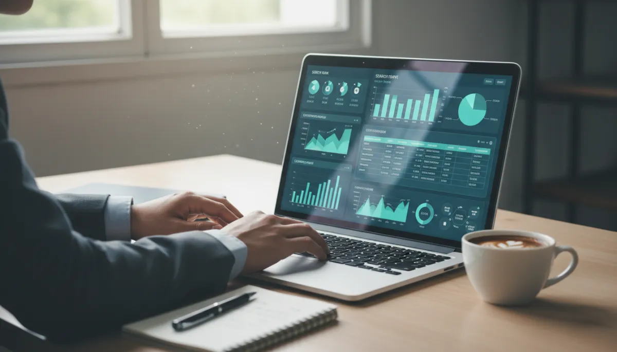 Marketer optimizing online advertising and SEO performance on a laptop in a neutral workspace