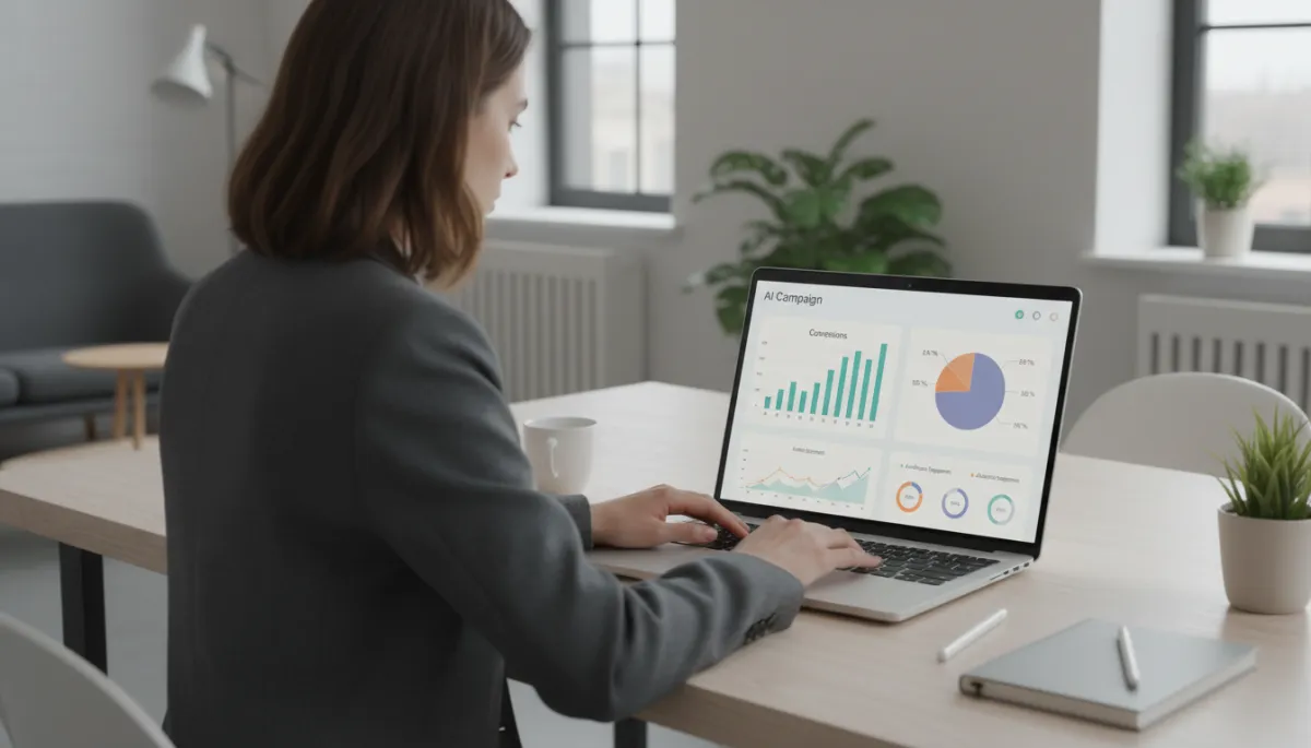 Marketer reviewing AI-driven digital marketing performance metrics on a laptop in a professional office