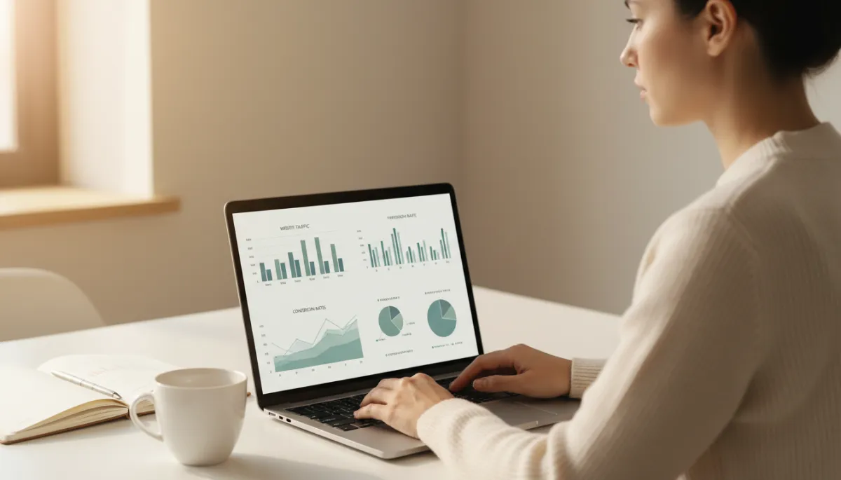 Marketer analyzing digital marketing performance metrics on a laptop Marketer analyzing digital marketing performance metrics on a laptop