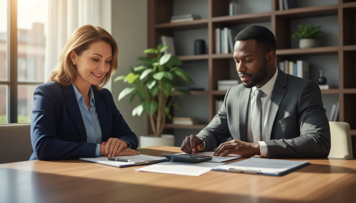 A realistic, high-resolution photo of a home seller and real estate agent sitting at a table reviewing closing documents and property tax figures, with a calculator and paperwork visible. Natural lighting, professional atmosphere. No cartoon or illustration effects.