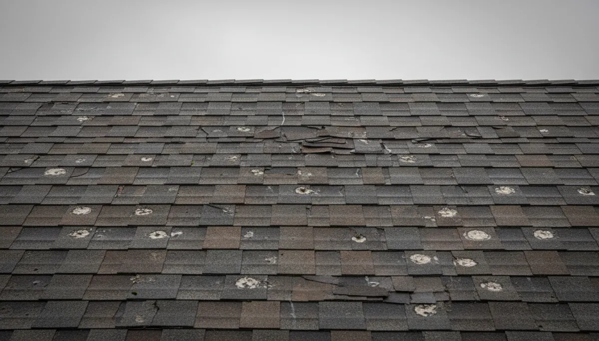 photorealistic close-up of storm-damaged asphalt shingles on a Wisconsin home roof, showing visible hail impacts, cracked tabs, and lifted shingles under overcast skies
