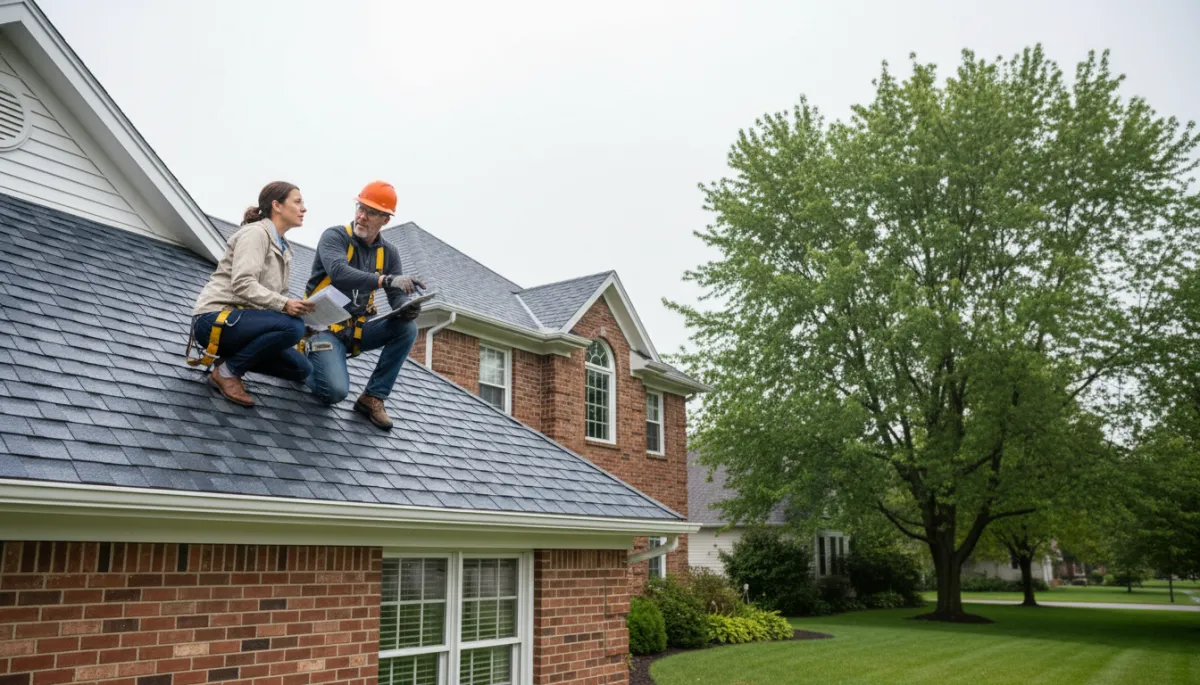 photorealistic scene of a roofing contractor in safety gear inspecting a Wisconsin home roof with a clipboard while a homeowner stands nearby reviewing insurance documents on a neutral overcast day
