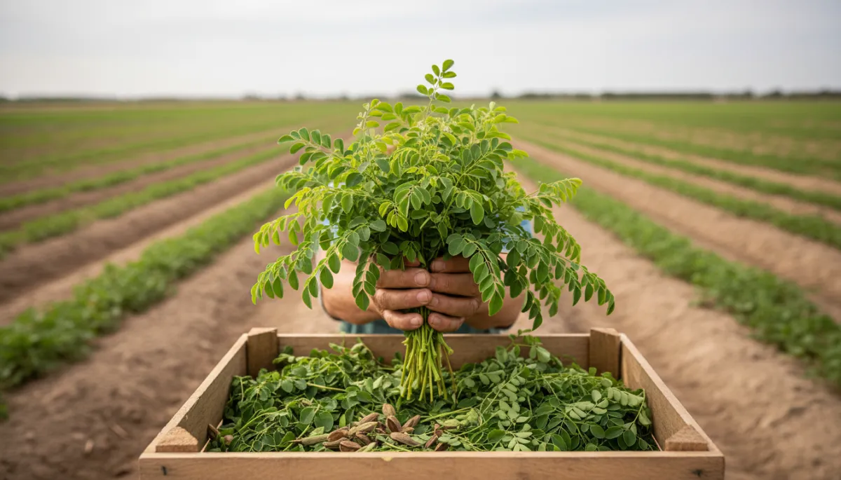 Professional photorealistic close-up of harvested moringa leaves held by a farmer Professional photorealistic close-up of harvested moringa leaves held by a farmer