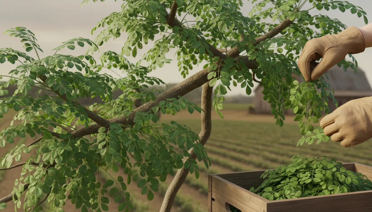 Professional photorealistic close-up of a farmer harvesting lush moringa leaves